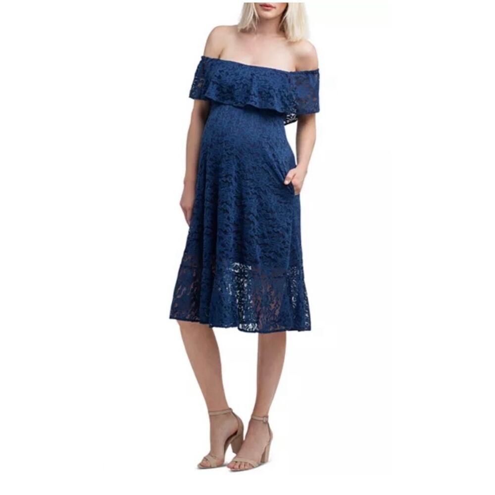 NWT NOM Maternity Lucia Off-the-Shoulder Lace Midi Dress Women’s Large Navy Blue